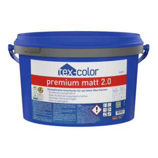 tex-color TC1218 premium matt 2.0 Auf dem Bild ist das blaue tex-color Rezyklat-Gebinde mit dem Etikett von tex-color TC1218 premium matt 2.0 zu sehen