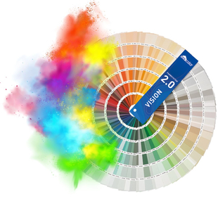 tex-color Farbtonfächer Vision 2.0 auf dem Bild ist der im Kreis aufgeschlagene tex-color Farbtonfächer Vision 2.0 zu sehen, der sich auf der linken Seite in einer bunten Farbstaubwolke auflöst