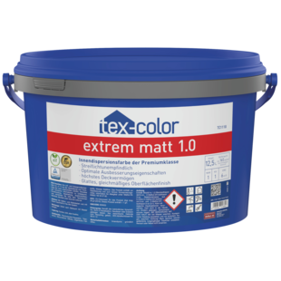 tex-color TC1118 extrem matt 1.0 Auf dem Bild ist das blaue tex-color Gebinde zu sehen, das mit dem Etikett tex-color TC1118 extrem matt 1.0 etikettiert ist