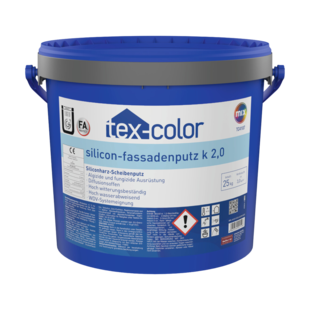 Das Bild zeigt die Produktabbildung von tex-color TC4107 silicon-fassadenputz k 2.0 in einem runden Rezyklateimer
