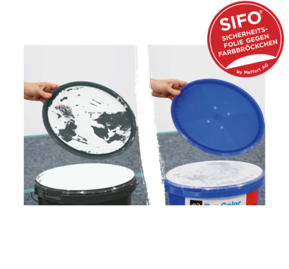 tex-color Farbeimer mit und ohne SIFO Sicherheitsfolie Das Bild zeigt den Vergleich zwischen dem Eimer ohne Sicherheitsfolie und dem Eimer mit SIFO Sicherheitsfolie.