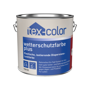 tex-color TC6102 wetterschutzfarbe 2,5l Auf dem Bild ist ein Blechgebinde mit dem Etikett von tex-color TC6102 wetterschutzfarbe zu sehen.