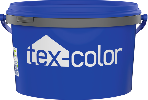 tex-color Recycling-Farbeimer 12,5l tex-color verwendet recycelten Kunststoff-Eimer für alle seine Produkte. Der Eimer im tex-color Blau und einem großen tex-color Logo in Weiß