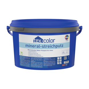 Das Bild zeigt die Produktaufnahme von tex-color TC4303 mineral-streichputz im blauen tex-color Gebinde