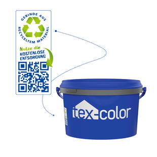 tex-color Rezyklat-Farbeimer sind mit dem grünen Entsorgungslogo gekennzeichnet. tex-color Rezyklat-Farbeimer sind mit dem grünen Entsorgungslogo gekennzeichnet. Auf dem Bild wird angedeutet, dass das Entsorgungslogo auf dem Eimer seitlich aufgebracht ist.